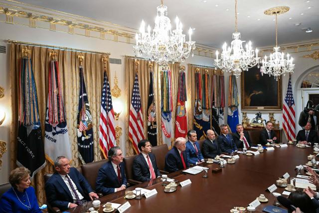 US President Donald Trump hosts a cabinet meeting in the Cabinet Room of the White House in Washington, DC, on January 29, 2026. (Photo by Brendan SMIALOWSKI / AFP)