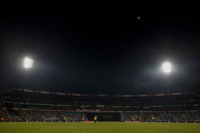 A general view of the moon in the sky above the field during the second Twenty20 international cricket match between South Africa and West Indies at SuperSport Park in Centurion on January 29, 2026. (Photo by PHILL MAGAKOE / AFP)