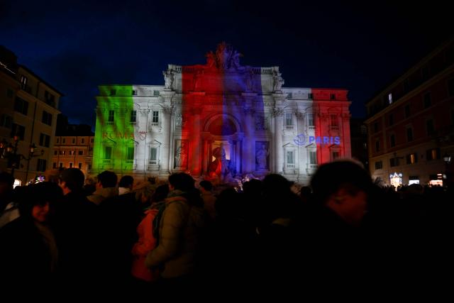 The French and Italian flags are projected onto the Trevi Fountain to commemorate 70 years of Rome-Paris twinning, in Rome on January 29, 2026. (Photo by Filippo MONTEFORTE / AFP)