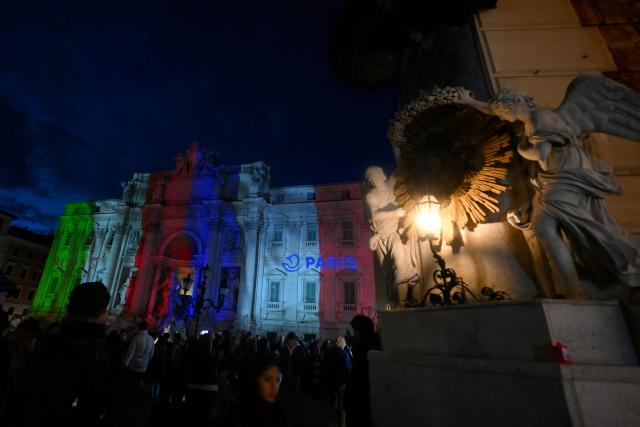 The French and Italian flags are projected onto the Trevi Fountain to commemorate 70 years of Rome-Paris twinning, in Rome on January 29, 2026. (Photo by Filippo MONTEFORTE / AFP)