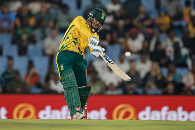South Africa's Quinton de Kock hits a six during the second Twenty20 international cricket match between South Africa and West Indies at SuperSport Park in Centurion on January 29, 2026. (Photo by PHILL MAGAKOE / AFP)