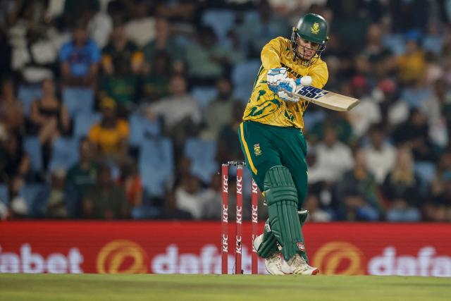 South Africa's Ryan Rickelton plays a shot during the second Twenty20 international cricket match between South Africa and West Indies at SuperSport Park in Centurion on January 29, 2026. (Photo by PHILL MAGAKOE / AFP)