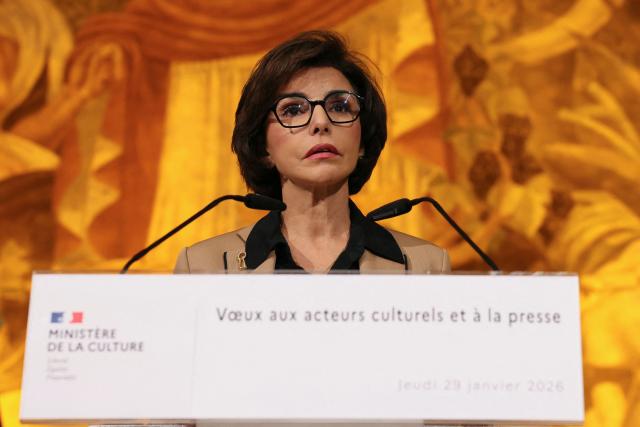 France's Culture Minister Rachida Dati delivers her New Year wishes to cultural stakeholders and the press at the National Museum of Immigration History - Tropical Aquarium in Paris on January 29, 2026. (Photo by Dimitar DILKOFF / AFP)