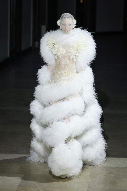 A model presents a creation for Germanier for the Women's Haute Couture Spring/Summer 2026 collection fashion show as part of the Paris Haute Couture Fashion Week, in Paris, on January 29, 2026. (Photo by Thomas SAMSON / AFP)