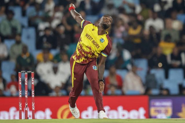 West Indies' Jayden Seales delivers a ball during the second Twenty20 international cricket match between South Africa and West Indies at SuperSport Park in Centurion on January 29, 2026. (Photo by PHILL MAGAKOE / AFP)