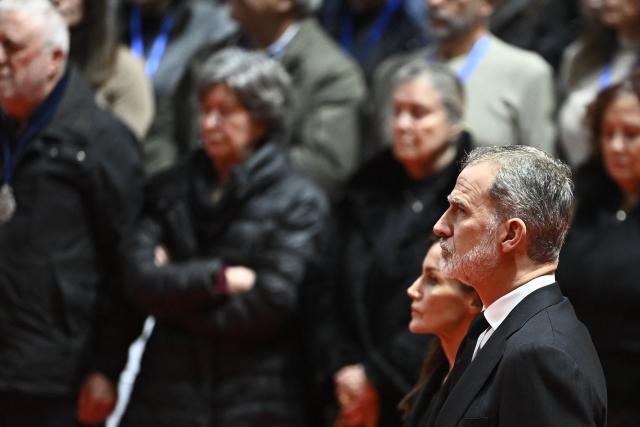 Spain's King Felipe VI and Queen Letizia attend a funeral mass for the victims of the trains accident who killed 45 persons in Adamuz, on January 29, 2026, in Huelva. The January 18 accident near the southern village of Adamuz - one of Europe's deadliest rail disasters this century - has raised questions about the country's rail safety. (Photo by JORGE GUERRERO / AFP)