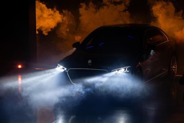 The new Mercedes-Benz S-Class drives on stage at the world premiere and 140 years celebration at the Mercedes-Benz Museum Stuttgart on January 29, 2026. (Photo by Silas Stein / AFP)