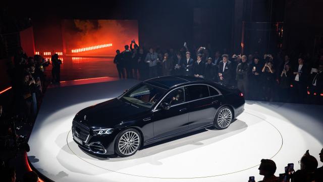 The new Mercedes-Benz S-Class is presented on stage at the world premiere and 140 years celebration at the Mercedes-Benz Museum Stuttgart on January 29, 2026. (Photo by Silas Stein / AFP)