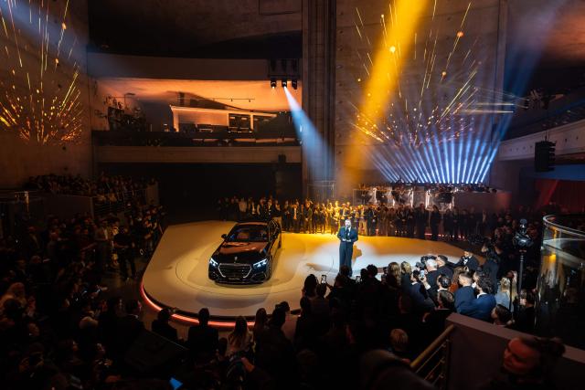 The singer Sam Smith performs next to the new Mercedes-Benz S-Class at the world premiere and 140 years celebration at the Mercedes-Benz Museum Stuttgart on January 29, 2026. (Photo by Silas Stein / AFP)