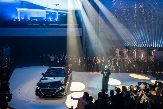 The singer Sam Smith performs next to the new Mercedes-Benz S-Class at the world premiere and 140 years celebration at the Mercedes-Benz Museum Stuttgart on January 29, 2026. (Photo by Silas Stein / AFP)