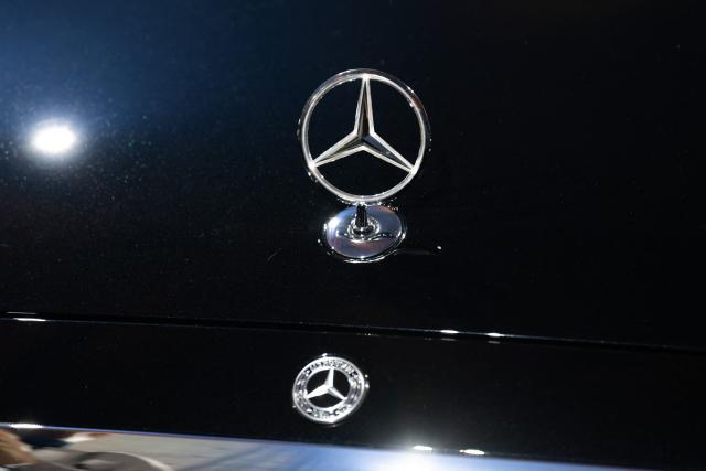 A Mercedes star on the new Mercedes-Benz S-Class can be seen during the World Premiere show of the new Mercedes-Benz S-Class and 140 years celebration at the Mercedes-Benz Museum Stuttgart on January 29, 2026. (Photo by Silas Stein / AFP)