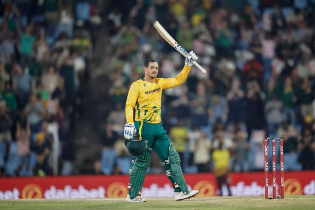 South Africa's Quinton de Kock celebrates after scoring a century (100 runs) during the second Twenty20 international cricket match between South Africa and West Indies at SuperSport Park in Centurion on January 29, 2026. (Photo by PHILL MAGAKOE / AFP)