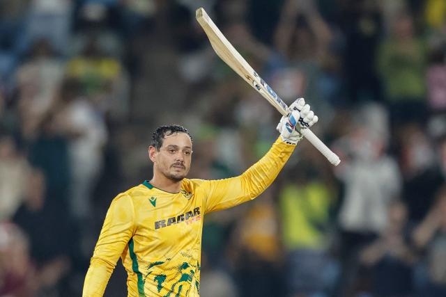 South Africa's Quinton de Kock celebrates after scoring a century (100 runs) during the second Twenty20 international cricket match between South Africa and West Indies at SuperSport Park in Centurion on January 29, 2026. (Photo by PHILL MAGAKOE / AFP)