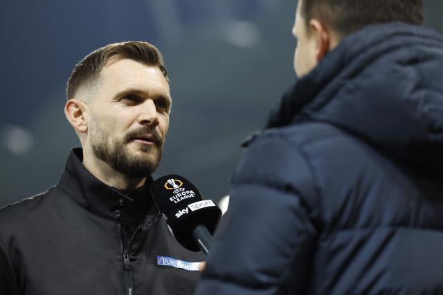 Sturm Graz's Austrian head coach Fabio Ingolitsch gives an interview ahead the UEFA Europa League Group first round day 8 football match between Sturm Graz and Brann Bergen in Graz, on January 29, 2026. (Photo by ERWIN SCHERIAU / APA / AFP) / Austria OUT