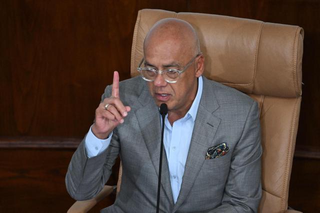 The President of the National Assembly of Venezuela Jorge Rodriguez leads the debate on the Bill for the Partial Reform of the Organic Law on Hydrocarbons during a session at the National Assembly in Caracas on January 29, 2026. (Photo by Federico PARRA / AFP)