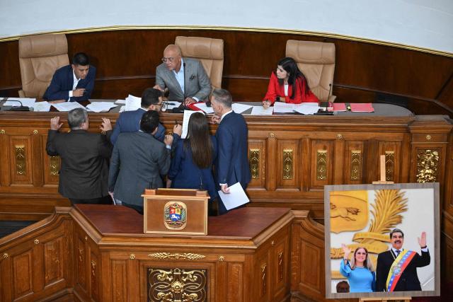 The President of the National Assembly of Venezuela, Jorge Rodriguez (C), first vice-president Pedro Jose Infante (L) and second vice-president Grecia Colmenares, attend the debate on the Bill for the Partial Reform of the Organic Law on Hydrocarbons during a session at the National Assembly in Caracas on January 29, 2026. (Photo by Federico PARRA / AFP)