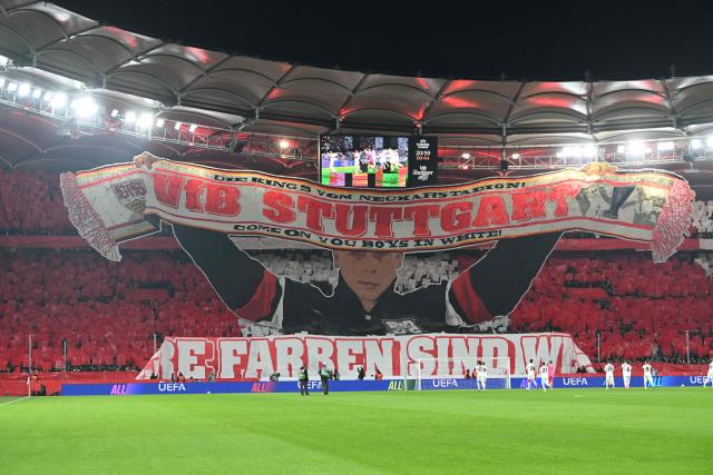 Stuttgart's fans perform a choreography ahead the UEFA Europa League Group first round day 8 football match between VfB Stuttgart and Young Boys in Stuttgart, on January 29, 2026. (Photo by THOMAS KIENZLE / AFP)