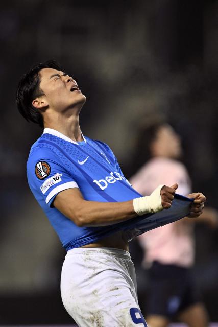 RC Genk's South Korean forward #09 Hyeongyu Oh reacts during the UEFA Europa League - League phase, Matchday 8 - football match between KRC Genk and Malmo FF at the Cegeka Arena in Genk on January 29, 2026. (Photo by Johan Eyckens / BELGA / AFP) / Belgium OUT