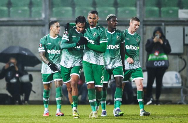 Ludogorets Razgrad's Serbian midfielder #14 Petar Stanic (2L) celebrates scoring his team's first goal during the UEFA Europa League - League phase, Matchday 8 - football match between PFK Ludogorets Razgrad and OGC Nice at the Huvepharma Arena in Razgrad on January 29, 2026. (Photo by Nikolay DOYCHINOV / AFP)