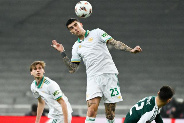 Roma's Italian defender #23 Gianluca Mancini heads the ball during the UEFA Europa League - League phase, Matchday 8 - football match between Panathinaikos FC and AS Roma at the Olympic Stadium in Athens on January 29, 2026. (Photo by Aris MESSINIS / AFP)