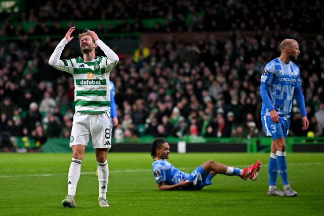 Celtic's Swedish midfielder #08 Benjamin Nygren reacts during the UEFA Europa League league-stage football match between Celtic and FC Utrecht at Celtic Park in Glasgow on January 29, 2026. (Photo by ANDY BUCHANAN / AFP)