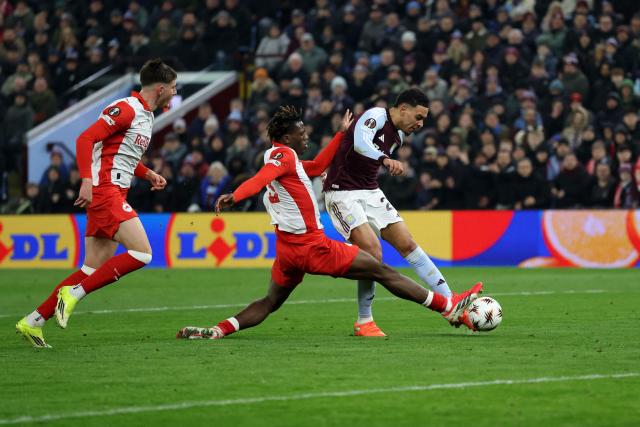 Aston Villa's English midfielder #27 Morgan Rogers scores the team's first goal during the UEFA Europa League league-stage football match between Aston Villa and RB Salzburg at Villa Park in Birmingham, central England on January 29, 2026. (Photo by Darren Staples / AFP)