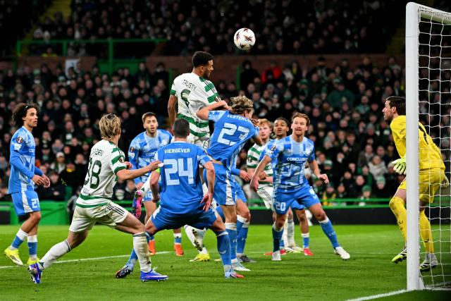 Celtic's US defender #06 Auston Trusty scores the team's fourth goal during the UEFA Europa League league-stage football match between Celtic and FC Utrecht at Celtic Park in Glasgow on January 29, 2026. (Photo by ANDY BUCHANAN / AFP)