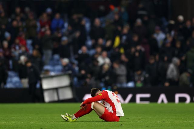 Salzburg's Austrian midfielder #37 Tim Trummer reacts after the UEFA Europa League league-stage football match between Aston Villa and RB Salzburg at Villa Park in Birmingham, central England on January 29, 2026. (Photo by Darren Staples / AFP)