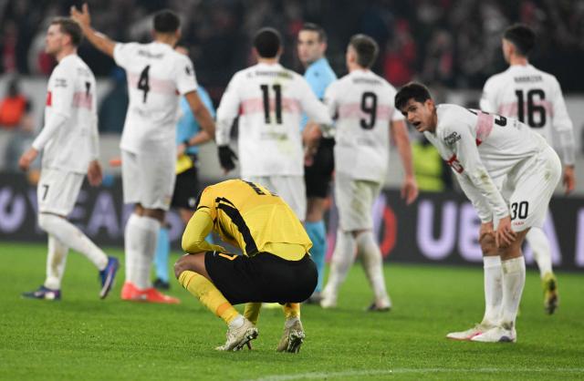 Young Boys' Gambian defender #17 Saidy Janko reacts after the UEFA Europa League Group first round day 8 football match between VfB Stuttgart and Young Boys in Stuttgart, on January 29, 2026. (Photo by THOMAS KIENZLE / AFP)