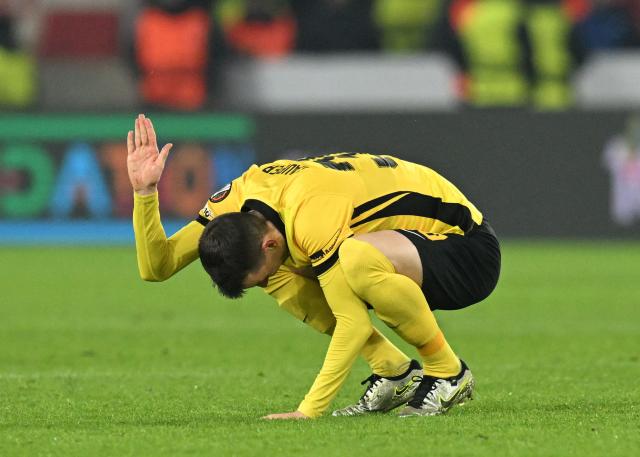 Young Boys' Swiss midfielder #30 Sandro Lauper reacts after the UEFA Europa League Group first round day 8 football match between VfB Stuttgart and Young Boys in Stuttgart, on January 29, 2026. (Photo by THOMAS KIENZLE / AFP)