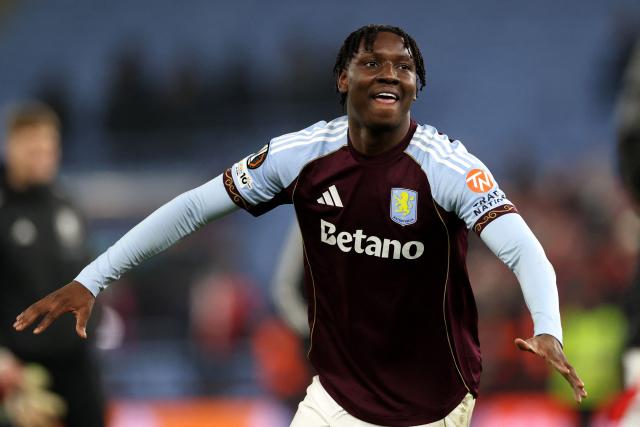 Aston Villa's English midfielder #20 Jamaldeen Jimoh-Aloba celebrates after the UEFA Europa League league-stage football match between Aston Villa and RB Salzburg at Villa Park in Birmingham, central England on January 29, 2026. (Photo by Darren Staples / AFP)