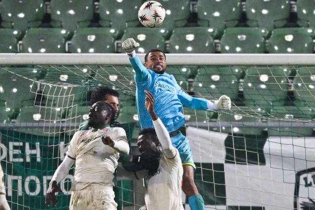 Nice's Senegalese goalkeeper #80 Yehvann Diouf jumps to clear the ball during the UEFA Europa League - League phase, Matchday 8 - football match between PFK Ludogorets Razgrad and OGC Nice at the Huvepharma Arena in Razgrad on January 29, 2026. (Photo by Nikolay DOYCHINOV / AFP)