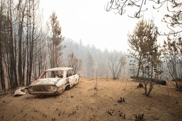 EDITORS NOTE: Graphic content / (FILES) A burnt-out car is pictured on an area affected by a forest fire at El Hoyo, in the Patagonian region of Chubut province, Argentina on January 7, 2026. The government of Argentine President Javier Milei announced on January 29, 2026, that it will declare a "fire emergency" in four provinces in Patagonia, where several fires have consumed tens of thousands of hectares since the beginning of the southern hemisphere summer. (Photo by Martin LEVICOY / AFP)