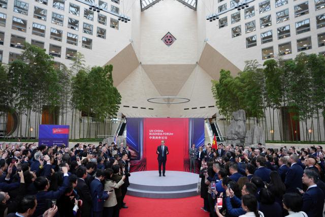 Britain's Prime Minister Keir Starmer delivers remarks during the UK-China Business Forum at the Bank of China in Beijing on January 30, 2026. Britain's Prime Minister Keir Starmer's visit to China is the first by a British premier since 2018 and follows a slew of Western leaders seeking a rapprochement with Beijing recently, pivoting from an increasingly unpredictable United States. (Photo by Carl Court / POOL / AFP)