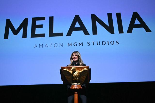 US First Lady Melania Trump speaks during the world premiere of Amazon MGM Studios' "Melania" at the Kennedy Center in Washington, DC, on January 29, 2026. (Photo by Brendan SMIALOWSKI / AFP)