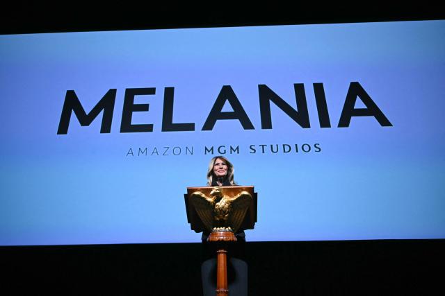 US First Lady Melania Trump speaks during the world premiere of Amazon MGM Studios' "Melania" at the Kennedy Center in Washington, DC, on January 29, 2026. (Photo by Brendan SMIALOWSKI / AFP)
