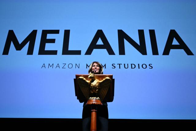 US First Lady Melania Trump speaks during the world premiere of Amazon MGM Studios' "Melania" at the Kennedy Center in Washington, DC, on January 29, 2026. (Photo by Brendan SMIALOWSKI / AFP)