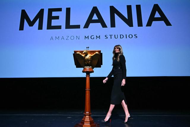 US First Lady Melania Trump approaches the lectern to speak during the world premiere of Amazon MGM Studios' "Melania" at the Kennedy Center in Washington, DC, on January 29, 2026. (Photo by Brendan SMIALOWSKI / AFP)