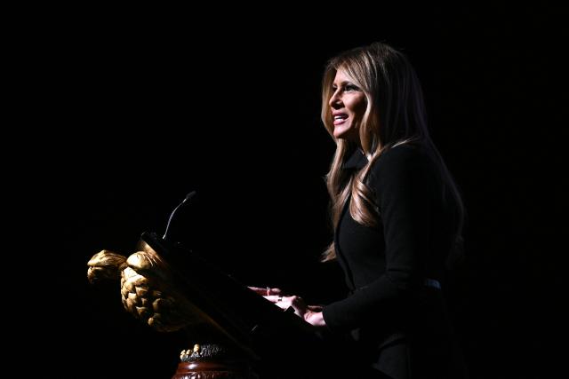 US First Lady Melania Trump speaks during the world premiere of Amazon MGM Studios' "Melania" at the Kennedy Center in Washington, DC, on January 29, 2026. (Photo by Brendan SMIALOWSKI / AFP)