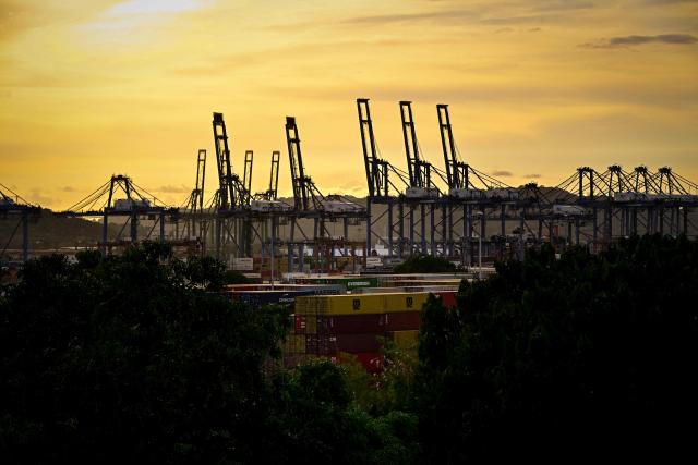 (FILES) View of the Port of Balboa, managed by CK Hutchison Holdings, based in Hong Kong, located at the entrance to the Panama Canal in Panama City, on March 12, 2025. The Panamanian Supreme Court annulled the concession whereby Hong Kong company CK Hutchison Holdings operates two ports on the Panama Canal, the court announced on January 29, 2026, following threats by US President Donald Trump to reclaim the waterway, claiming that it is controlled by China. (Photo by MARTIN BERNETTI / AFP)