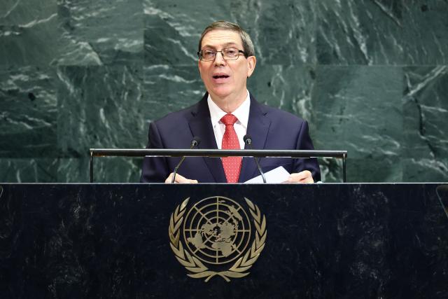 (FILES) Cuba's Minister for Foreign Affairs Bruno Eduardo Rodríguez Parrilla addresses the United Nations General Assembly at UN headquarters in New York City on September 27, 2025. Cuba described as a "brutal act of aggression" the executive order issued by US President Donald Trump threatening to impose tariffs on countries that sell oil to the island, in a message posted on social media by Cuban Foreign Minister Bruno Rodriguez on January 29, 2026. (Photo by CHARLY TRIBALLEAU / AFP)