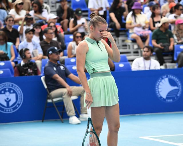 Tatiana Prozorova of Russia reacts during her semi-finals match of women's singles against Donna Vekic of Croatia d at the Philippine Women's Open tennis tournament in Manila on January 30, 2026. (Photo by Ted ALJIBE / AFP)
