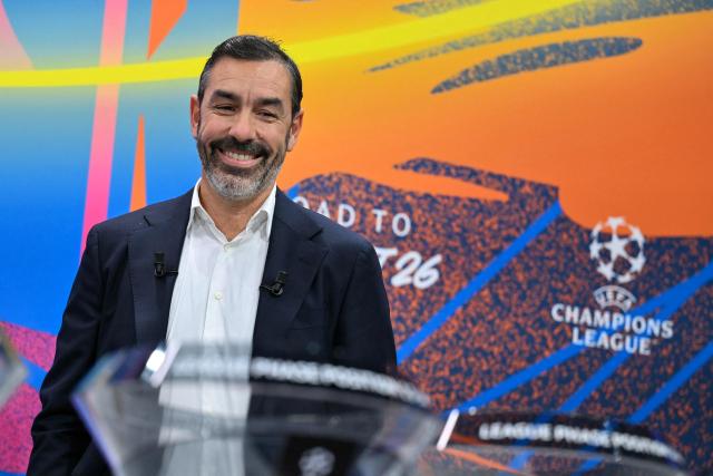 French former football player and UEFA Champions League ambassador Robert Pires reacts ahead of the 2025-2026 UEFA Europa League knockout phase play-off draw at the House of European Football in Nyon on January 30, 2026. The draw involves the teams finishing in ninth to 24th place in the league phase – the top eight sides in the league phase qualifying automatically for the round of 16. (Photo by Harold CUNNINGHAM / AFP)