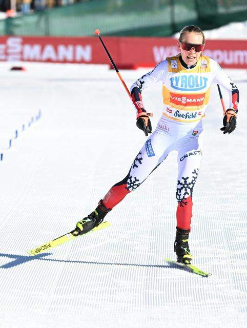 Norway's Ida Marie Hagen reacts after winning the first run of women's Normal Hill Mass Start event at the FIS Ski Nordic Combined World Cup, on January 30, 2026 in Seefeld, Austria. (Photo by BARBARA GINDL / APA / AFP) / Austria OUT