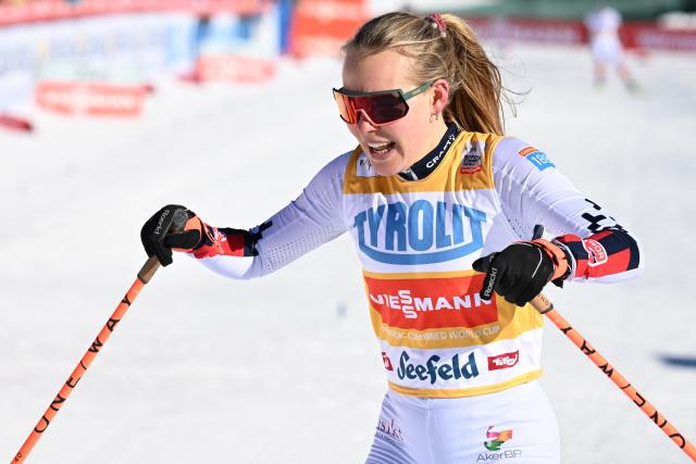Norway's Ida Marie Hagen reacts after winning the first run of women's Normal Hill Mass Start event at the FIS Ski Nordic Combined World Cup, on January 30, 2026 in Seefeld, Austria. (Photo by BARBARA GINDL / APA / AFP) / Austria OUT