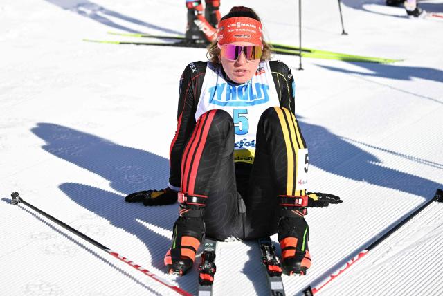 Germany's Nathalie Armbruster reacts after competing in the first run of women's Normal Hill Mass Start event at the FIS Ski Nordic Combined World Cup, on January 30, 2026 in Seefeld, Austria. (Photo by BARBARA GINDL / APA / AFP) / Austria OUT