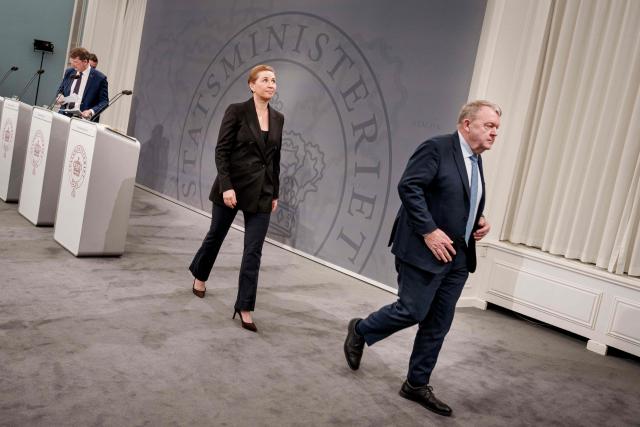 (L-R) Denmark's Defense Minister Troels Lund Poulsen, Denmark's Minister of Immigration and Integration Affairs Rasmus Stoklund, Denmark's Prime Minister Mette Frederiksen and Denmark's Foreign Minister Lars Loekke Rasmussen leave after a press conference in Copenhagen, Denmark, on January 30, 2026, to present the government's new deportation reform. (Photo by Liselotte Sabroe / Ritzau Scanpix / AFP) / Denmark OUT