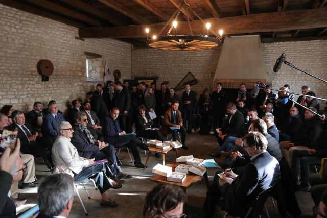 (From L) France's Decentralisation Minister Francoise Gatel, France's Trade Minister Serge Papin, France's Prime Minister Sebastien Lecornu, France's Agriculture Minister Annie Genevard and France’s junior Minister for civil service David Amiel attend a meeting with agricultural sector representatives during a visit to promote local and diversified agriculture, in Baigneaux, central France, on January 30, 2026. The prime minister is visiting the Eure-et-Loire department to launch the "contracts for the future" demanded by the Jeunes Agriculteurs (Young Farmers) union, aimed at diversifying production, notably in the face of climate change, and to present the Government’s efforts to increase the share of local food in public procurement. (Photo by Thomas SAMSON / AFP)
