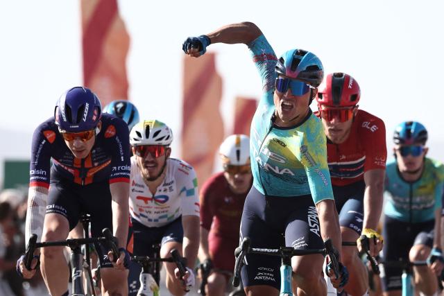 XDS Astana Team Italian Matteo Malucelli celebrates as he crosses the finish ligne to winn the fourth stage of the AlUla Tour cycling race, 173,4 km from Winter Park to Hegra on January 30, 2026. (Photo by Anne-Christine POUJOULAT / AFP)
