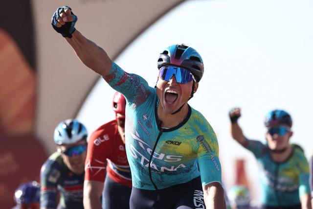 XDS Astana Team Italian Matteo Malucelli celebrates as he crosses the finish ligne to winn the fourth stage of the AlUla Tour cycling race, 173,4 km from Winter Park to Hegra on January 30, 2026. (Photo by Anne-Christine POUJOULAT / AFP)